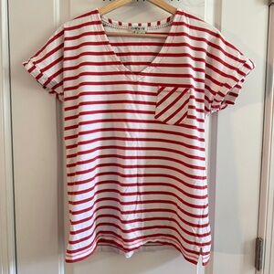 Orvis Red and White Striped V Neck Pocket Tee Soft Cotton Women's M